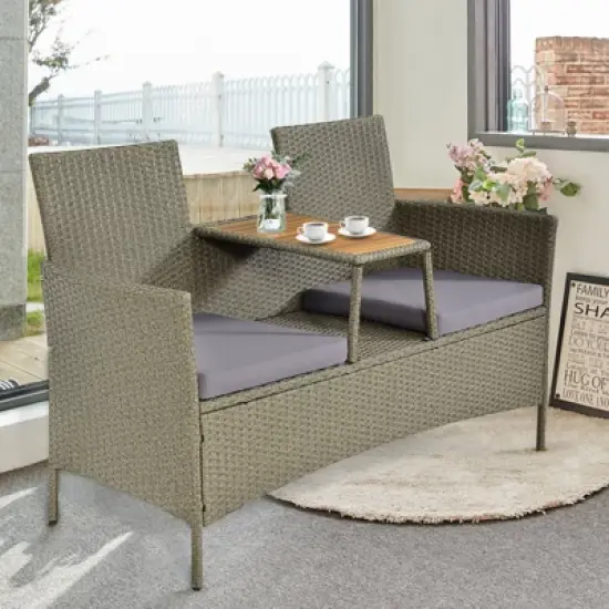 Tangkula Outdoor Patio Rattan Loveseat Sofa Double Conversation Set w/Cushion & Built-in Table image {3}