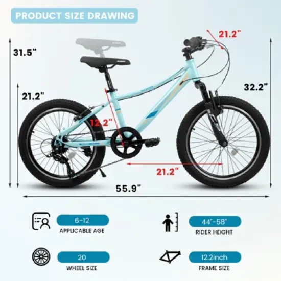 INFURNIC Bicycles 20 Inch Kids Bike with 7 Speeds and Shock Absorbing Fork for Outdoor Adventures, Blue, 55.9"*21.2"*31.5" image {1}