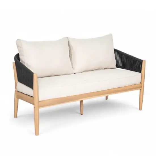 Outdoor Acacia Wood Loveseat,Modern Patio Rope Weave Loveseat with Wood Frame,Lounge Loveseat with Cushion for Garden or Deck-Coolbibila image {2}