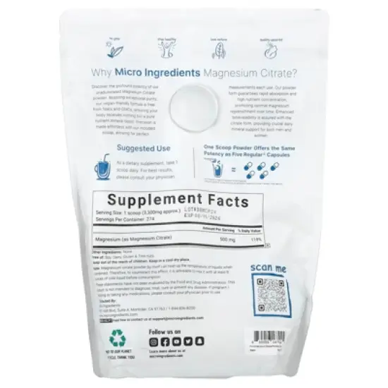 Micro Ingredients Magnesium Citrate, Unflavored, 2 lb (907 g) image {1}