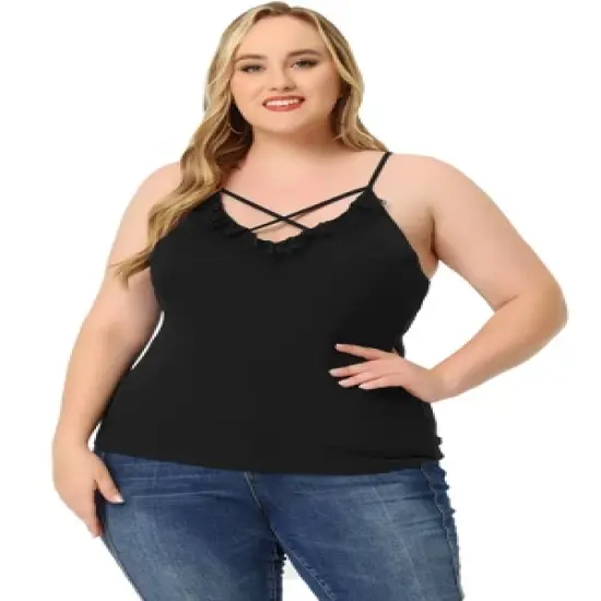 Agnes Orinda Plus Size Camisole for Women Contrast Lace Criss Cross V Neck Spaghetti Strap Top image {2}