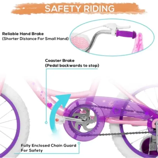 Hykolity 16-Inch Kids Bike for Girls Ages 4-7, Multi-Color, with Training Wheels, Doll Seat, Basket, Adjustable Saddle, Dual Brakes image {3}