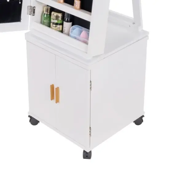 VECELO Mirrored Jewelry Cabinet 360&deg; Swivel Freestanding Jewelry Organizer LED-Lit Makeup Organizer with Bottom Storage Cabinet, White image {9}