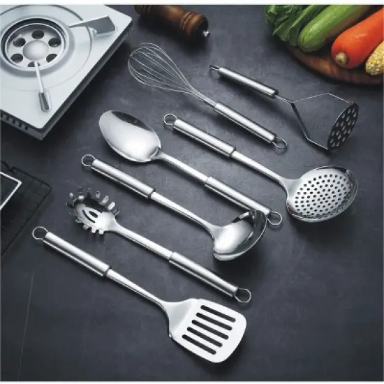 Itopfox 8-Piece Stainless Steel Kitchen Utensil Set with Stand, Includes Ladle, Skimmer, Slotted Turner, Pasta Server, Serving Spoon, Potato Masher image {2}