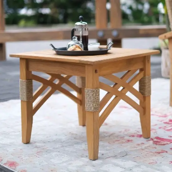 Cambridge Casual 3pc Carmel Teak Wood Outdoor Patio Small Spaces Conversation Set with Tan Cushions image {4}