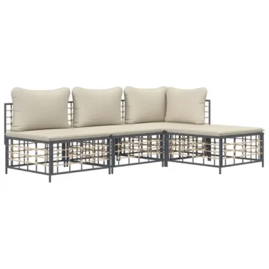 vidaXL 4-Piece Patio Lounge Set - Modular Sofas with Cushions, Weather-Resistant Poly Rattan Material, Sturdy Steel Frame - Anthracite & Beige image {2}