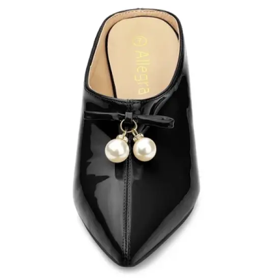 Allegra K Women's Pointed Toe Pearl Bow Chunky Heel Slides Mules image {2}
