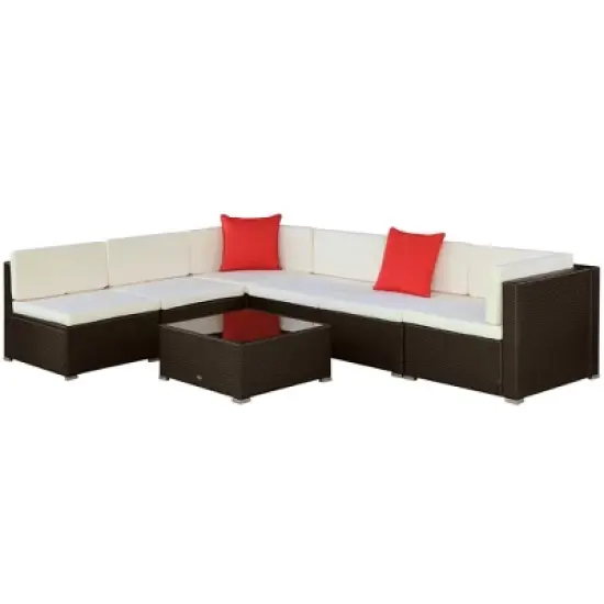 Outsunny 7 Piece Outdoor Patio Furniture Set, PE Rattan Wicker Sectional Sofa Set with Couch Cushions, Pillows, Coffee Table, Orange, Cream image {2}