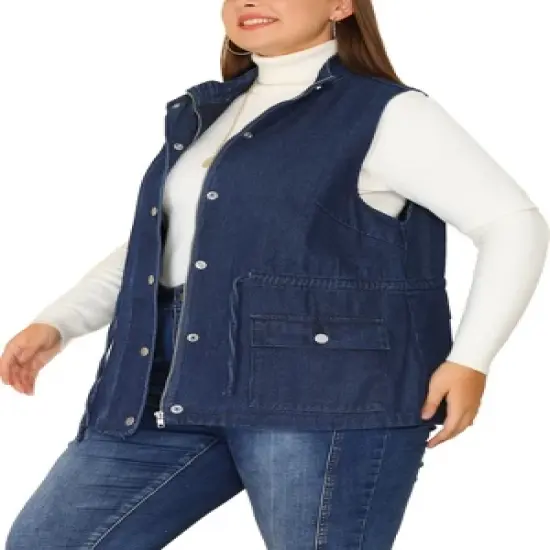 Agnes Orinda Women's Plus Size Utility Anorak Cargo Drawstring Jean Denim Jacket Vest image {1}