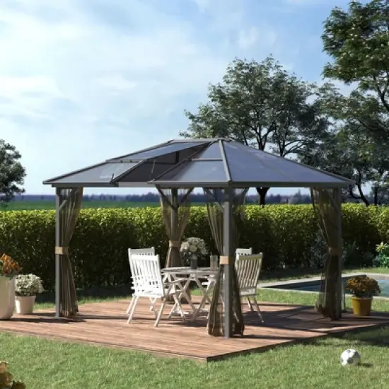 Outsunny Hardtop Polycarbonate Gazebo Canopy Aluminum Frame Pergola with Top Vent and Netting for Garden, Patio, Grey image {1}