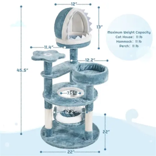 Yaheetech 45.5"Tall Multi-Level Ocean-themed Cat Tree, Blue / White Blue image {2}