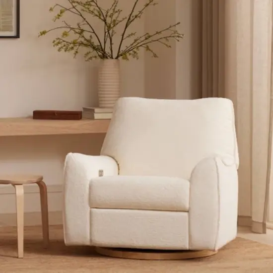 Nursery Works Sunday Power Recliner and Swivel Glider - Chantilly Sherpa/Light Wood Base image {1}