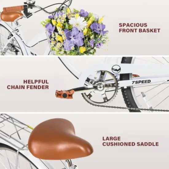 hykolity 26 inch Cruiser Bike Beach Bicycle City Bike Commuter Cycling 7 Speed for Adult Women Height 60-72 inch Front Basket Rear Rack Pale White image {1}