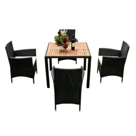 YOOCOZZ Outdoor Patio Weatherproof Wicker Rattan Dining Set with Acacia Wood Tabletop - Black+Cream image {2}