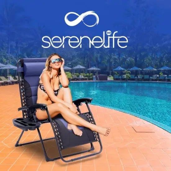 SereneLife Foldable Outdoor Zero Gravity Padded Lawn Chair, Adjustable Steel Mesh Recliners, w/ Removable Pillows Blue and Black image {6}