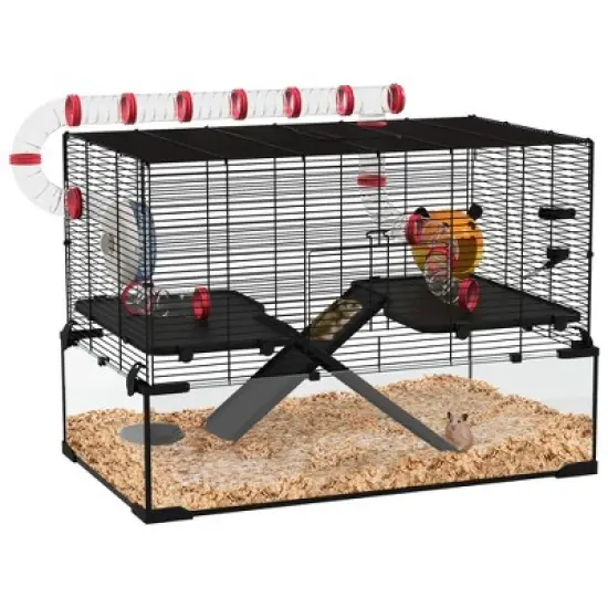 PawHut 31" Hamster Cage with Tube Tunnel, Rat Gerbil Cage w/ Deep Glass Bottom, Water Bottle, Food Dish, Exercise Wheel, Ramps image {6}