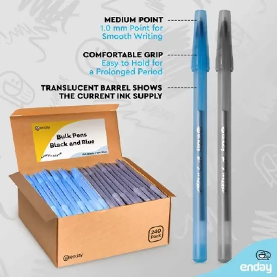 Enday Pens Bulk Black Pens Blue Pens Ballpoint, Medium Point (1.0mm), Flexible Round Barrel For Writing Comfort Ballpoint Pens For School, Office image {5}