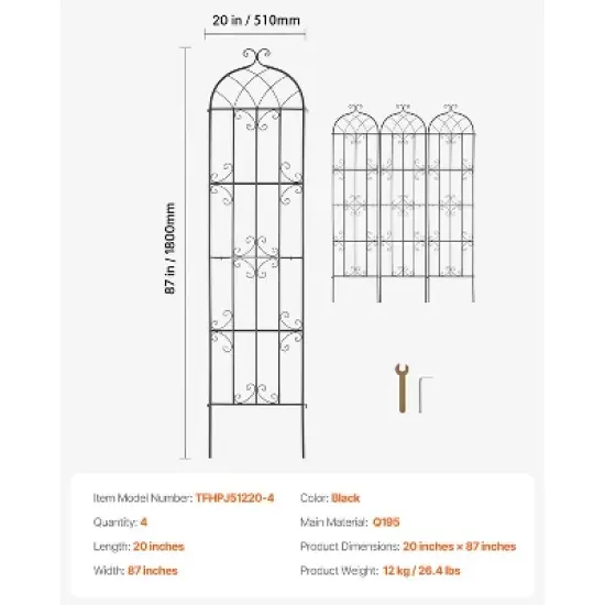 VEVOR Garden Trellis for Climbing Plants, 87 x 20 in, 4 Packs Rustproof Metal Garden Flower Trellis, Outdoor Climbing Rose Trellis Cucumbers Support image {7}