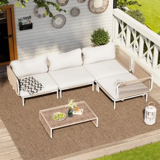 Crestlive Products Patio Furniture Set Oversized Metal Single Sofa Outdoor Sectionals Conversation Set with Cushion, White Frame and Beige Mat image {5}
