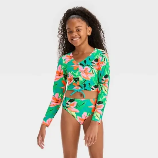 Girls' 'Abstract Blossoms' Floral Printed Rash Guard Set - art class&trade; Green image {4}