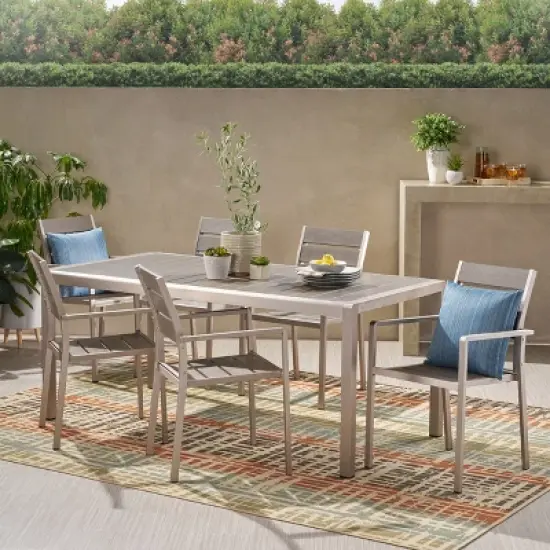 Christopher Knight Home Cape Coral Outdoor Aluminum and Faux Wood 7 Piece Dining Set image {11}