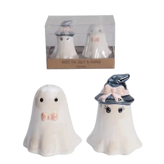 Transpac Dolomite Pearlized Ghost Bow Tie Salt and Pepper Shakers Ceramic Halloween Decor for Festive Dining image {1}