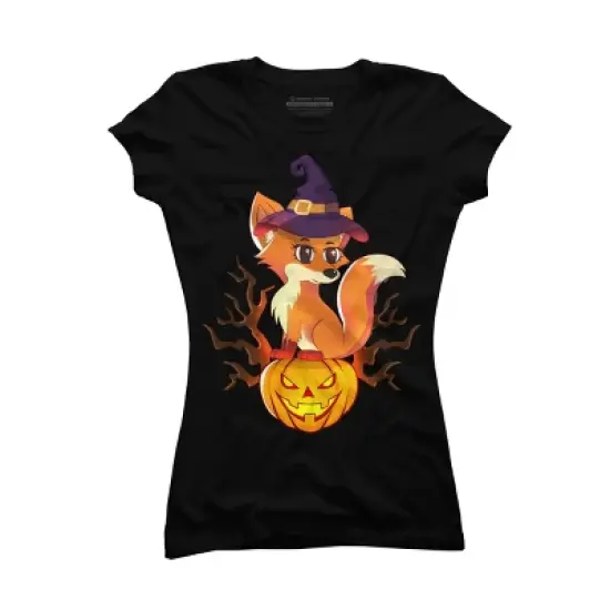 Junior's Design By Humans Cute Witch Fox With Jack O Lantern Halloween Shirt By thebeardstudio T-Shirt image {3}