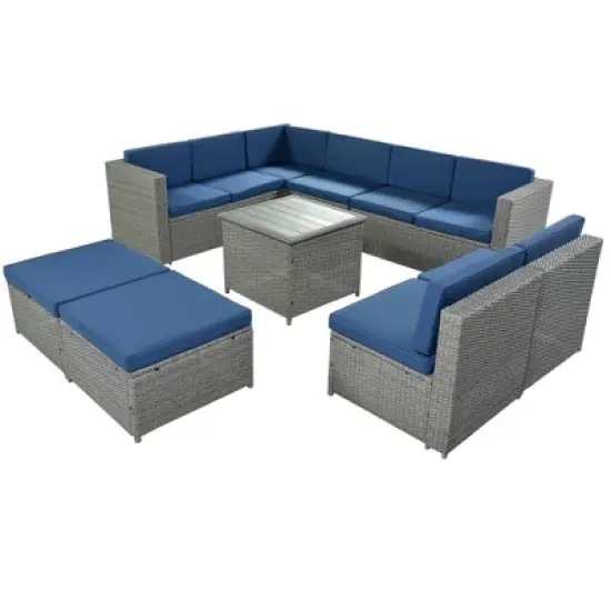 9pc Wicker Patio Conversation Set with Cushions - Blue - GODEER image {8}