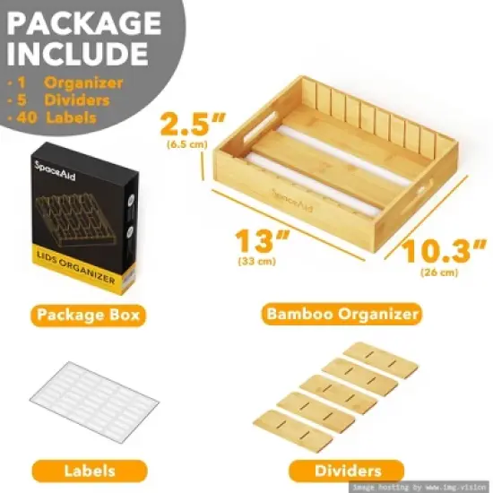 Container Lid Organizer with 5 Adjustable Dividers for Cabinets, Includes Blank  Labels (Natural) image {5}