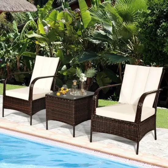 Tangkula 3PCS Patio Outdoor Rattan Conversation Set Furniture Set w/ Table Cushions image {2}
