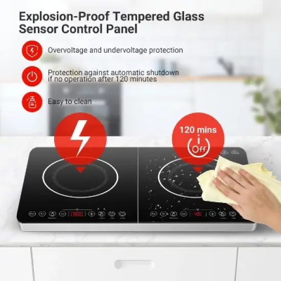 Double Induction Cooktop,2 Burner Independent Control,Ultrathin Body,10 Temperature induction hob,1800W-Multiple Power Levels,4 Hour Timer image {3}