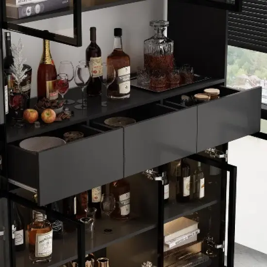 Famapy Black 78.7"W Large Combo Storage Cabinet Spacious Pantry With Light Modular Display Cabinet image {5}