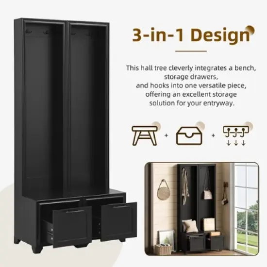 TIRAMISUBEST Hall Tree Set of 2 - 3-in-1 Entryway Organizer with Bench & Storage, Farmhouse Style, Black Retro Handles image {3}