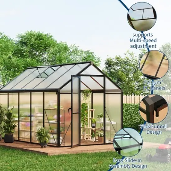 Garvee Walk-In Greenhouse with Polycarbonate Panels, Aluminum Frame, Quick Setup, Roof Vent, Outdoor Garden Greenhouse image {1}
