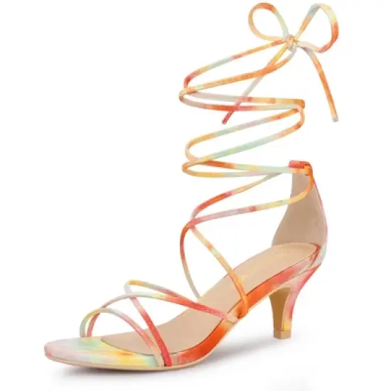 Allegra K Women's Lace Up Strappy Tie Dye Kitten Heels Sandals image {9}