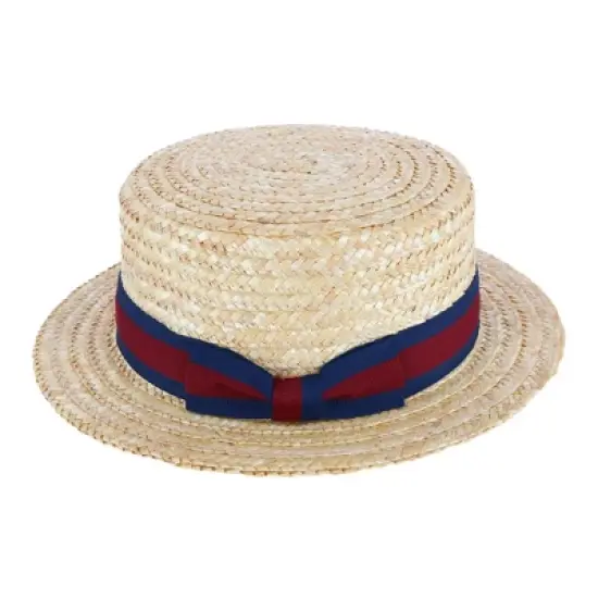 CTM Straw 2 Inch Brim Boater Hat with Navy Band and Elastic Sweatband image {2}