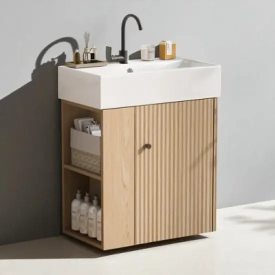 21.6'' Wall-Mounted Bathroom Vanity with Ceramic Sink, Left Side Open Storage, Wave Pattern Door, Soft-Close, Floating Cabinet image {3}