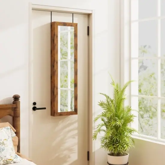 Costway Wall Mounted Jewelry Cabinet Door Hanging Jewelry Armoire with Full-Length Mirror Rustic Brown/Pink/White/Black/Brown image {3}