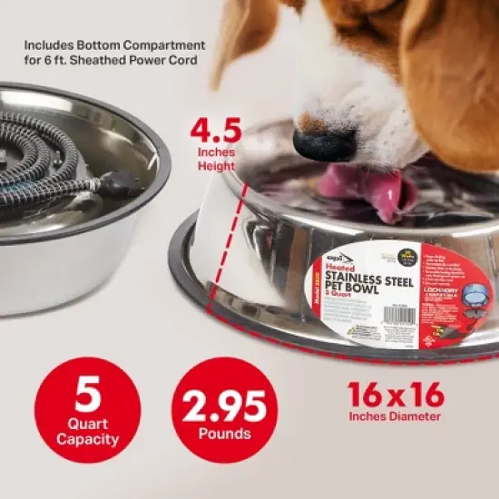 API 5 Quart Stainless Steel Thermostatically Controlled Nestable Heated Pet Bowl with Non-Tip Design and 6 Foot Anti-Chew Cord, Silver image {1}