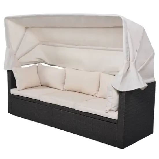 4pc Outdoor Wicker Rectangle Daybed with Canopy & Cushions - Beige - GODEER image {5}