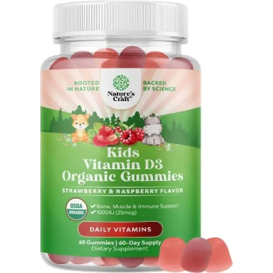 Organic Vitamin D Gummies for Kids, Vegan Kids Immunity Support Gummies with Vitamin D3 for Daily Teeth Muscle & Bone Support, Nature's Craft, 60ct image {8}