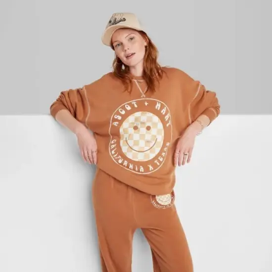 Women's Ascot + Hart Checkered Smile Graphic Pullover Sweater - Orange image {6}