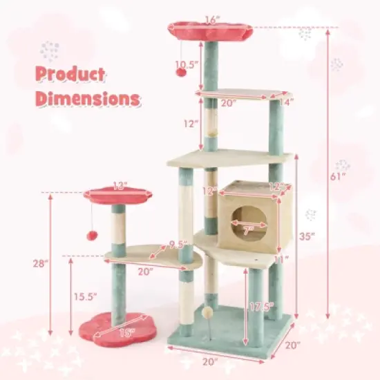 Costway 61&rdquo; Tall Cat Tree Multi-Level Aesthetic Floral Kitten Tower Indoor Cat Climbing Stand Activity Center image {1}