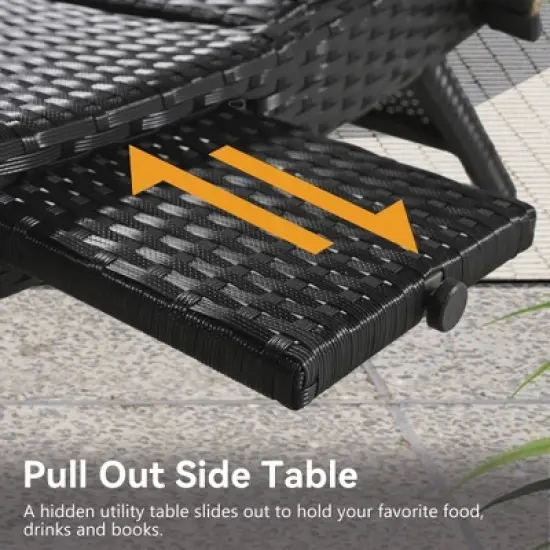 LOVSON 80'' Outdoor Wicker Chaise Lounge (Set of 2), Pull-Out Side Table, Adjustable Backrest, Pool Sun Lounger, Black image {3}
