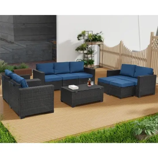 ELJGET 10PCS Outdoor Patio Rattan Furniture Set Cushioned Sectional Sofa Storage Coffee Table Deep Brown Wicker image {1}