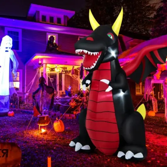 Tangkula 8 FT Tall Halloween Inflatable Dragon Indoor Outdoor Blow up Decoration w/Wing Tail, Bright Internal Lights Giant Animated Dragon image {7}