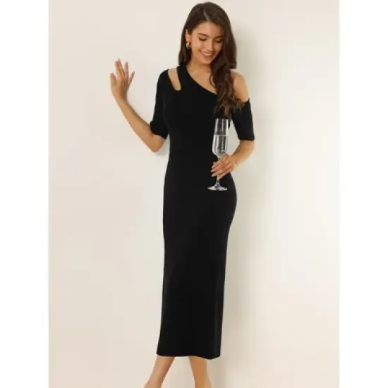 Seta T Women's Spring Fall Short Sleeve Cutout Off Shoulder Bodycon Midi Sweater Dresses image {2}