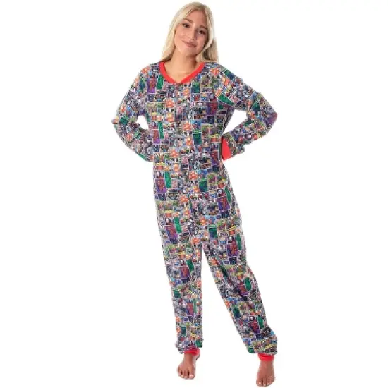 Marvel Unisex Adult Comic Character Grid Print One Piece Pajama Union Suit Multi image {4}