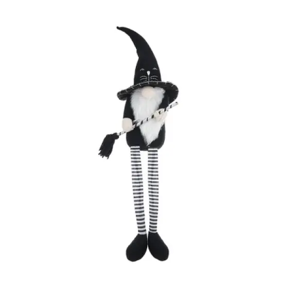 Whisen Fabric Sitting Gnome, Broomstick & Long Legs, Halloween Decoration - Black & White image {3}