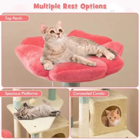 Costway 61&rdquo; Tall Cat Tree Multi-Level Aesthetic Floral Kitten Tower Indoor Cat Climbing Stand Activity Center image {6}